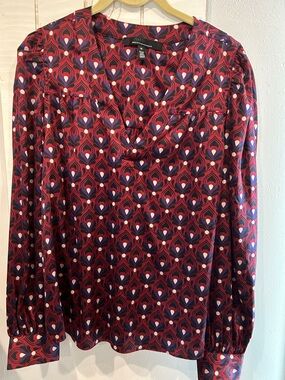 White House Black Market Red and Purple Geometric V-Neck Blouse